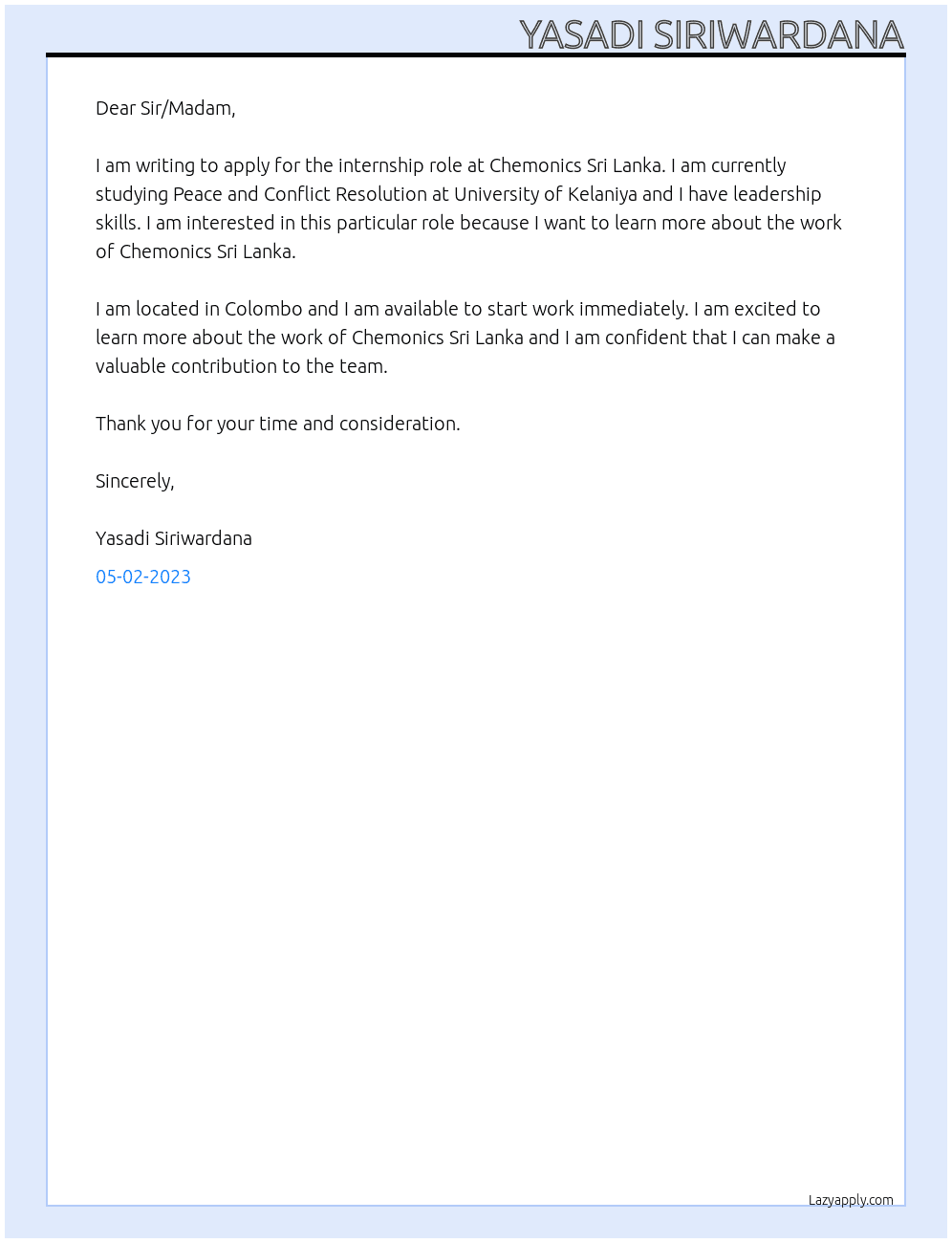 Intern At Chemonics Sri Lanka Cover Letter