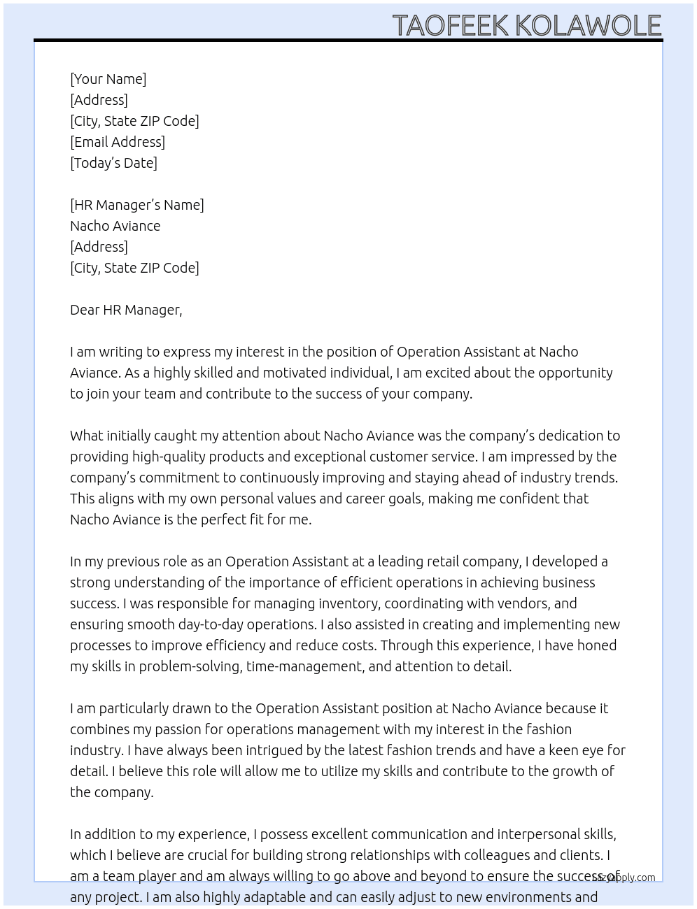 Operation Assistant At Nacho Aviance  Cover Letter