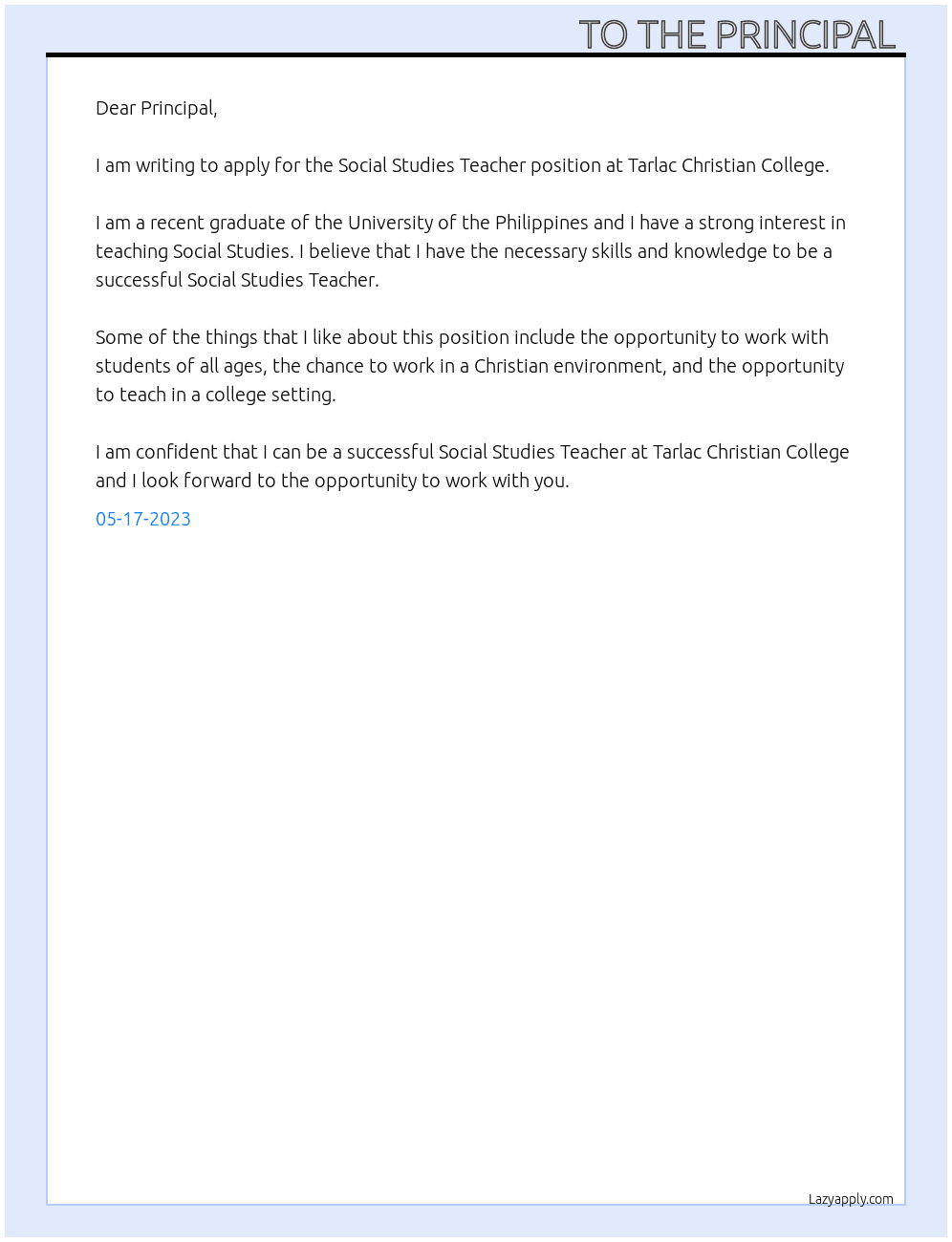 Social Studies Teacher At School Cover Letter