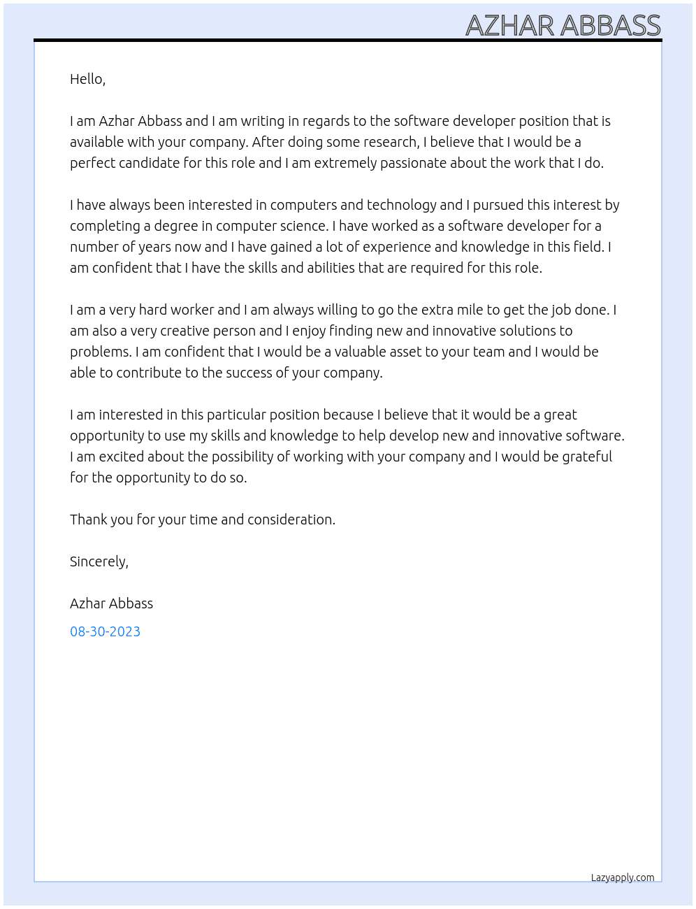 software developer At Azhar Abbass Cover Letter