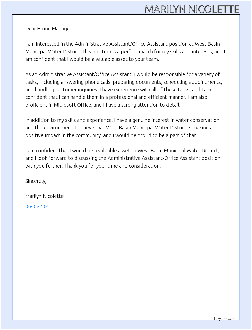 Administrative Assistant/Office Assistant At West Basin Municipal Water District  Cover Letter