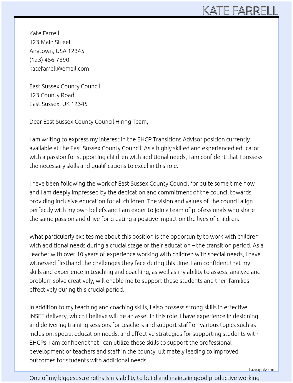 EHCP Transitions Advisor At East Sussex County Council Cover Letter