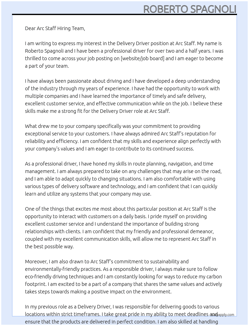 Deliver Driver  At Arc Staff Cover Letter