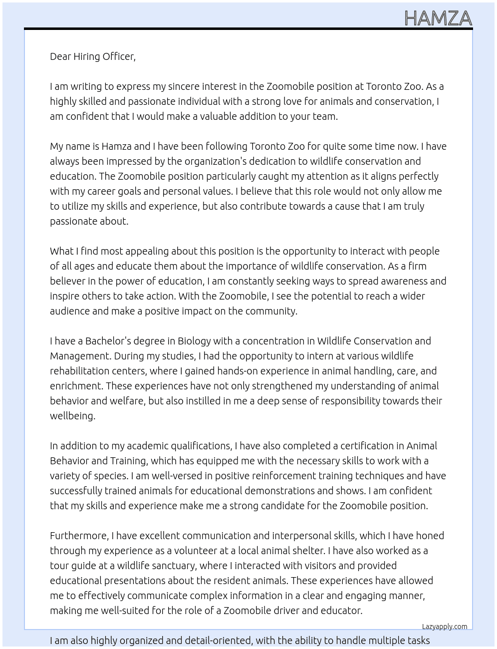 Zoomobile At Toronto Zoo Cover Letter