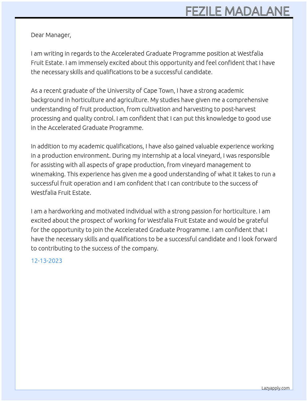Accelerated Graduate Programme At Westfalia Fruit Estate  Cover Letter