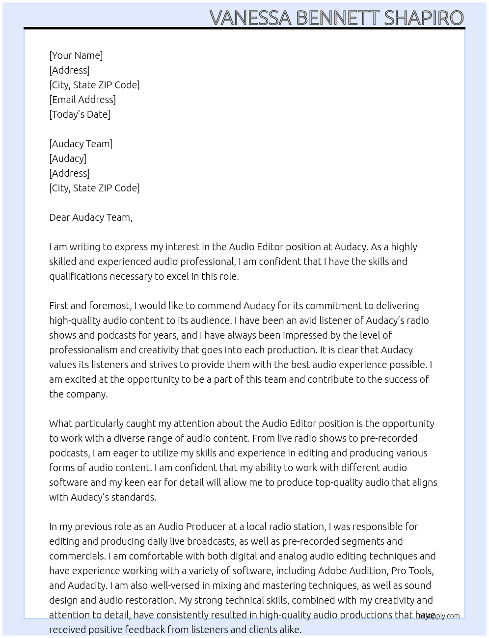 Audio Editor At Audacy Cover Letter