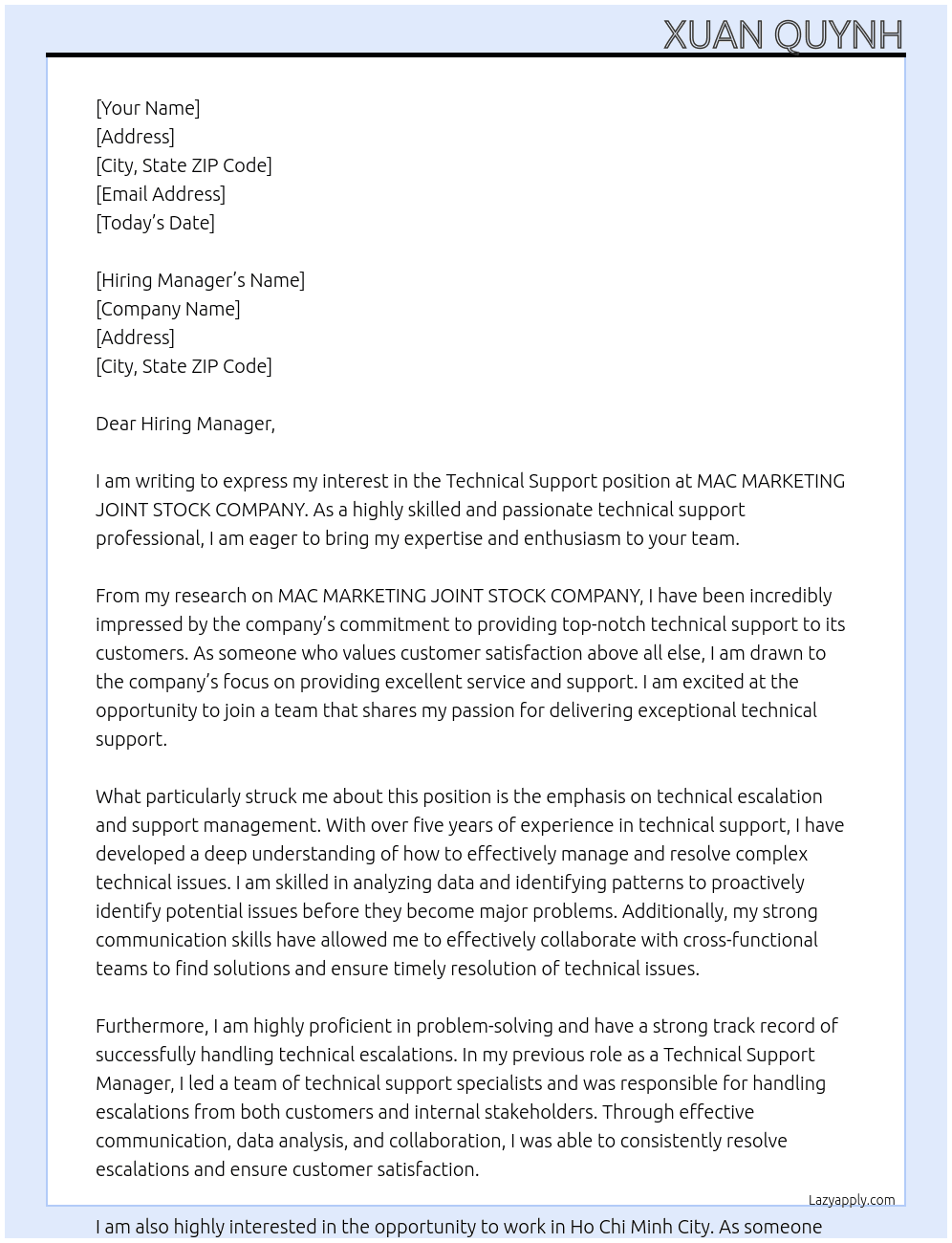 Technical Support At MAC MARKETING JOINT STOCK COMPANY Cover Letter