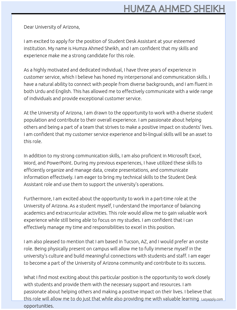 Student Desk Assistant At University of Arizona Cover Letter