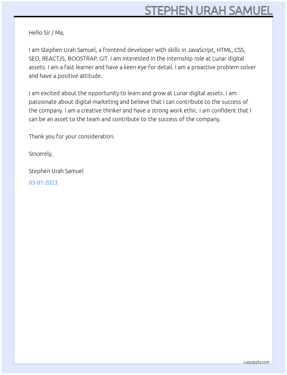 Forntend developer At Lunar digital assets Cover Letter