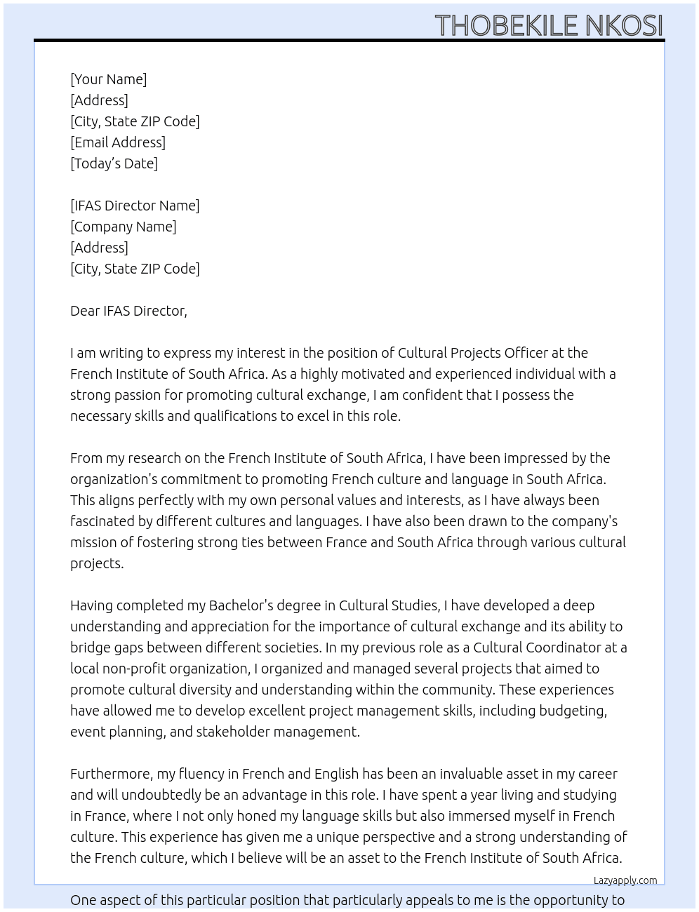Cover letter for cultural projects officer - LazyApply