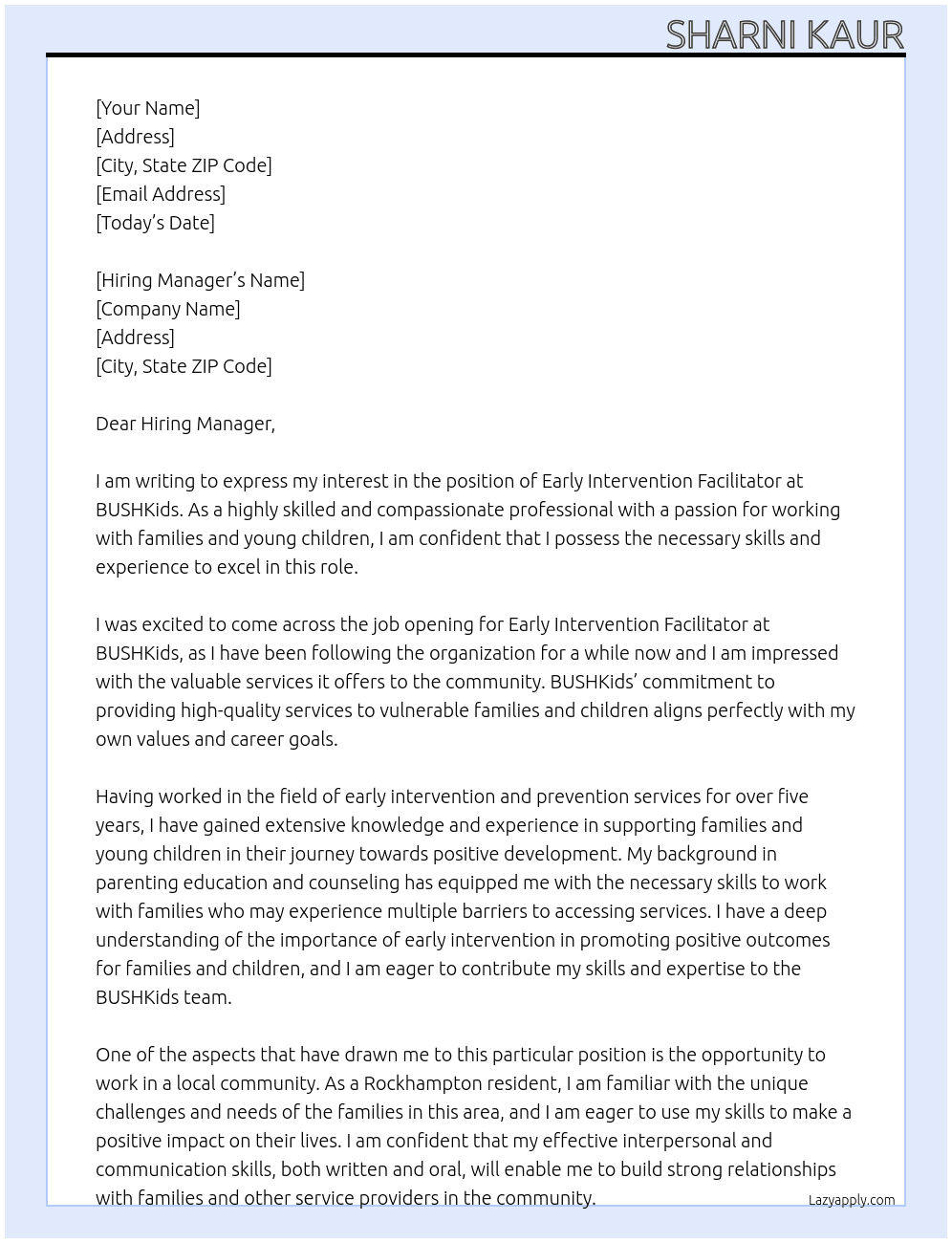 Early Intervention Facilitator At BUSHKids  Cover Letter