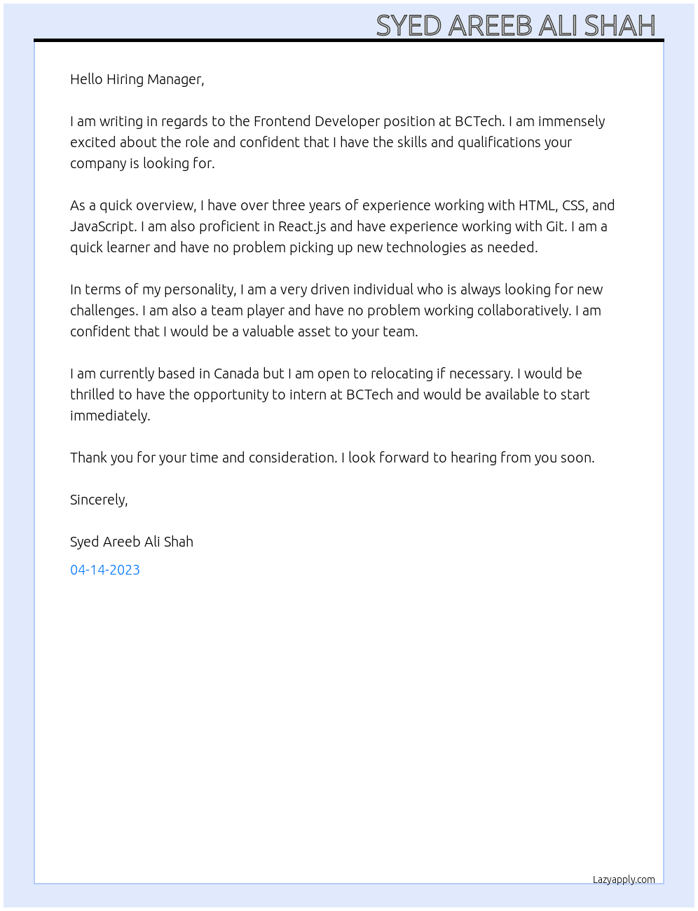 Frontend Developer At BCTech Cover Letter