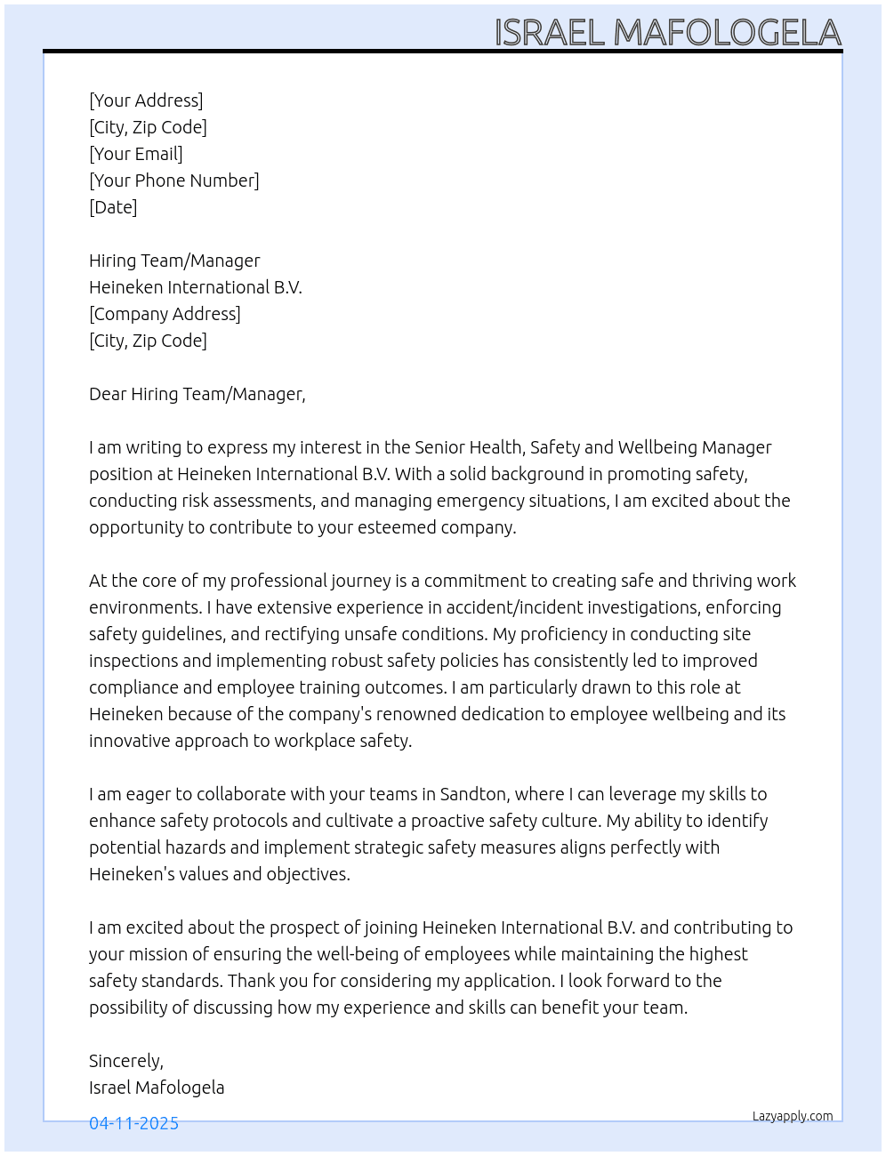 Senior Health, Safety and Wellbeing Manager At Heineken International B.V. Cover Letter