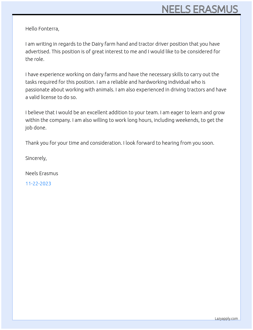 Dairy farm hand and tractor driver  At Fonterra  Cover Letter