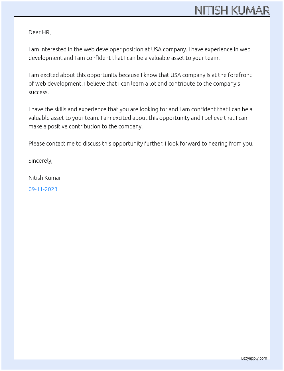 web developer At usa company Cover Letter