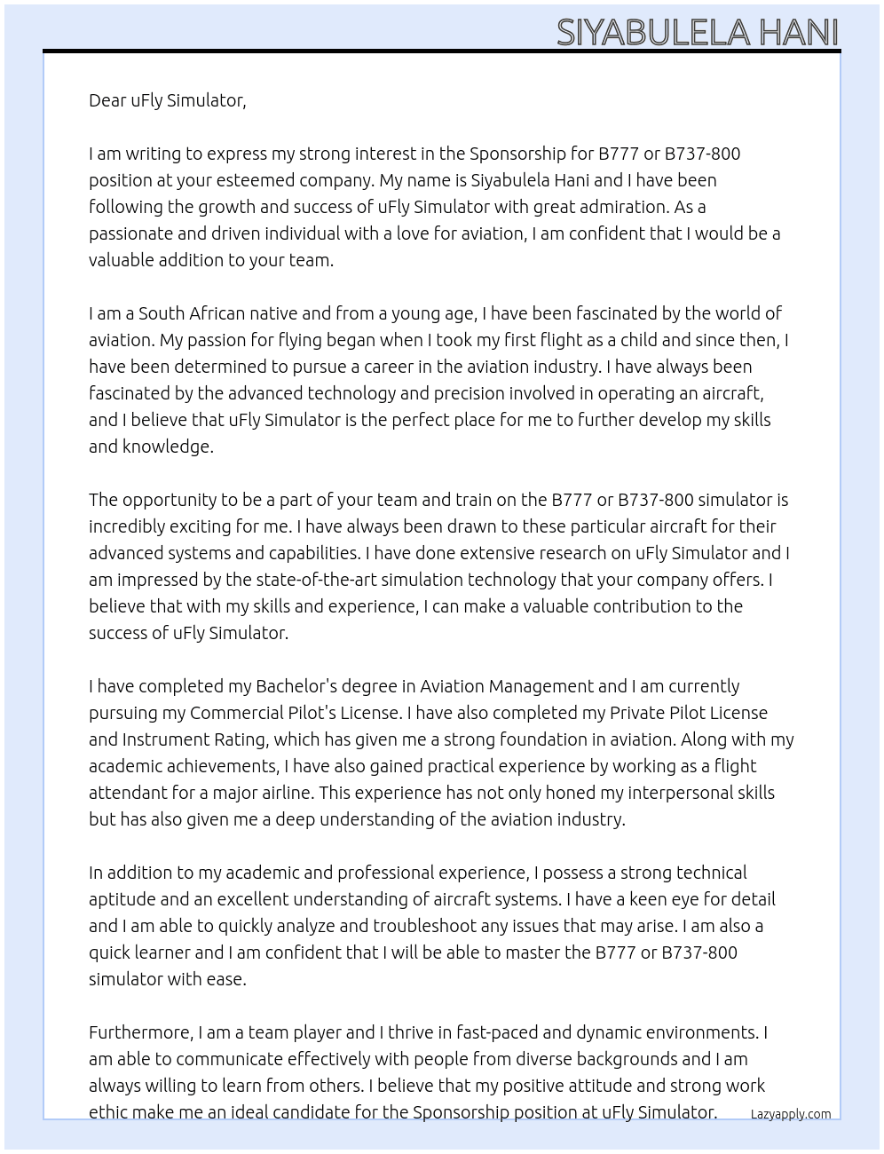 Sponsorship for B777 or B737-800 At uFly simulator Cover Letter