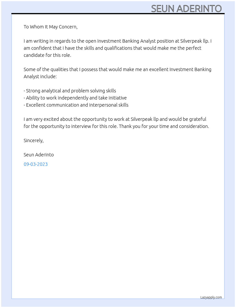 investmeny banking analyst  At Silverpeak llp  Cover Letter