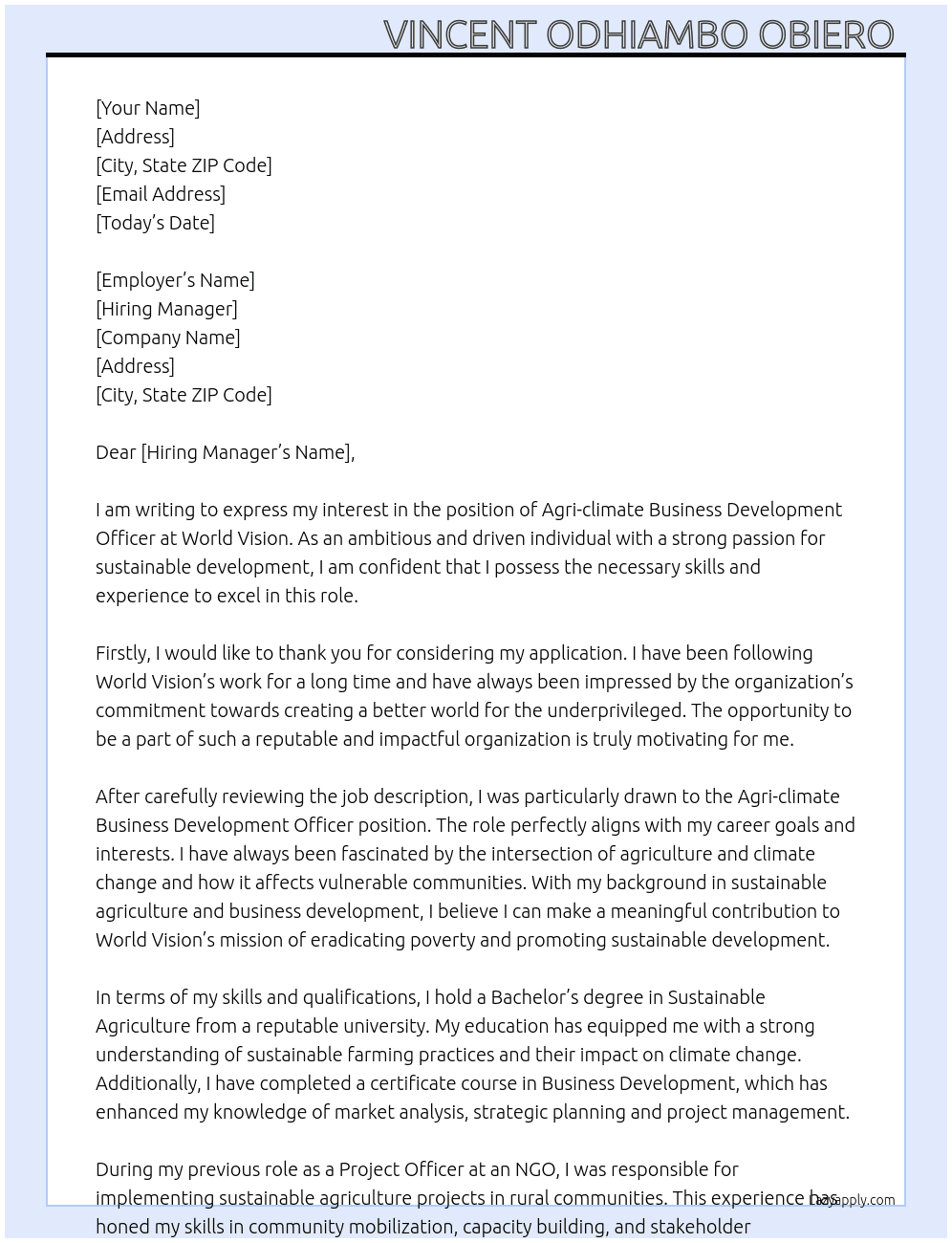 Agri-climate business development officer  At World vision  Cover Letter
