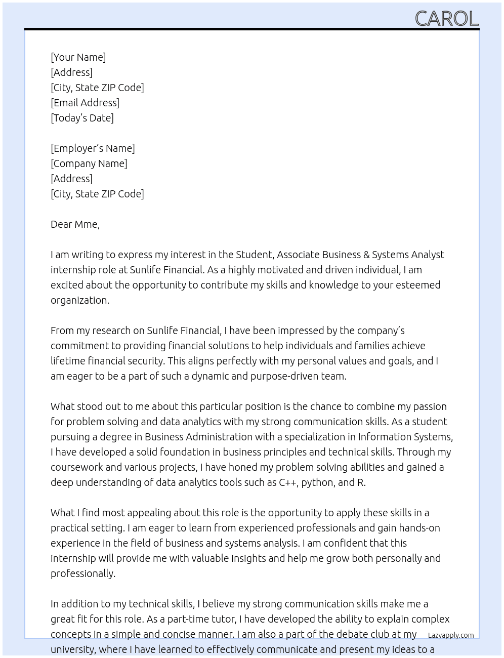 Student, Associate Business & Systems Analyst  At Sunlife Financial Cover Letter