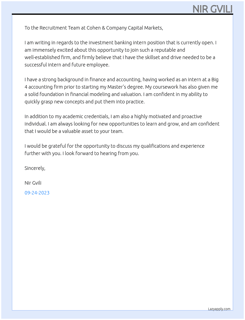 Investment Banking Intern At Cohen & Company Capital Markets Cover Letter
