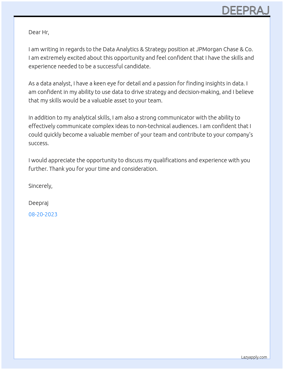 Data Analytics & Strategy At PMorgan Chase & Co Cover Letter
