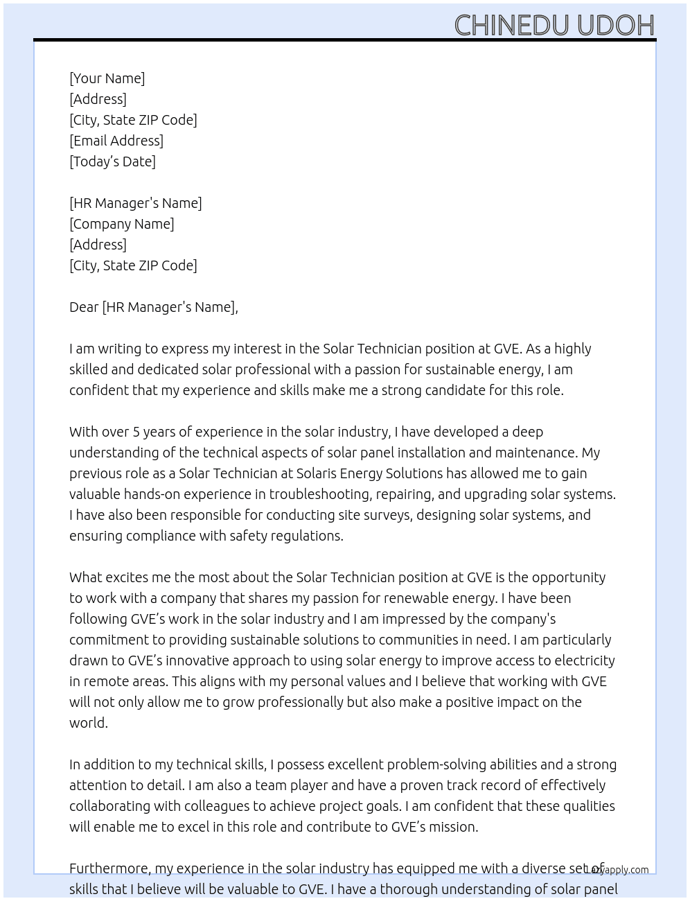 Solar Technician  At GVE Cover Letter