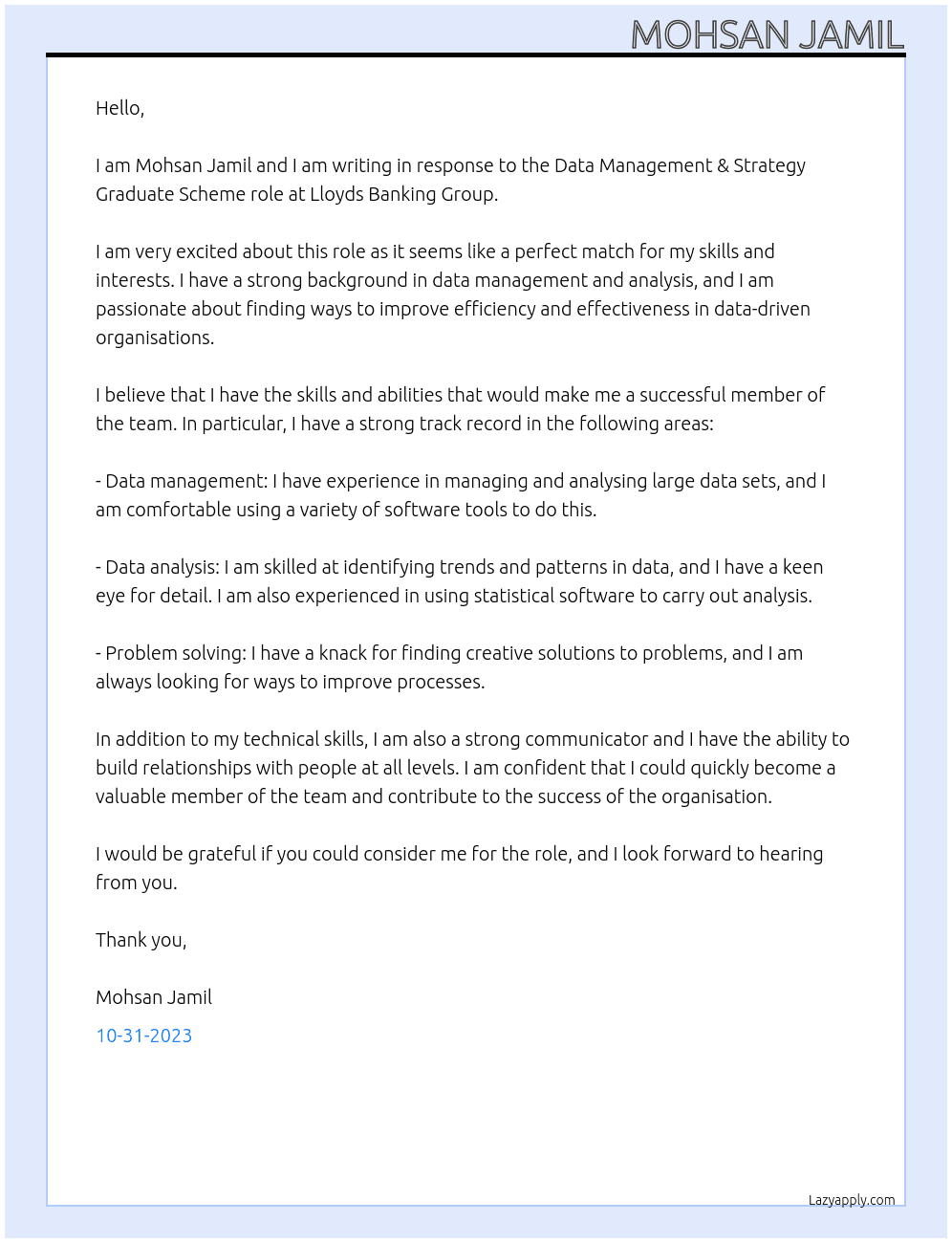 Data Management & Strategy Graduate Scheme At Lloyds Banking Group Cover Letter