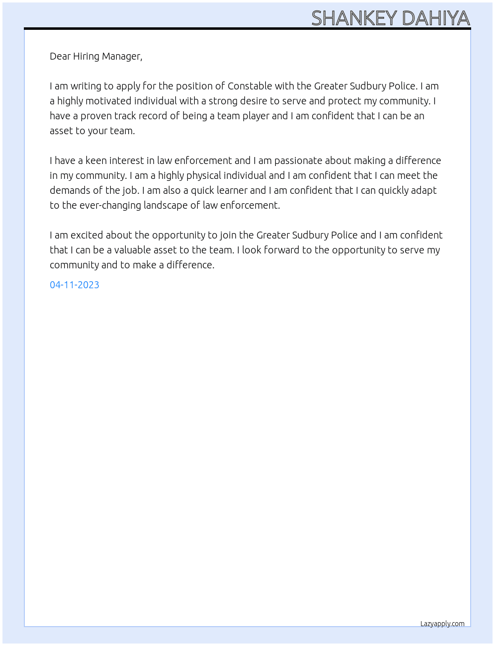 constable At Greater Sudbury Police Cover Letter