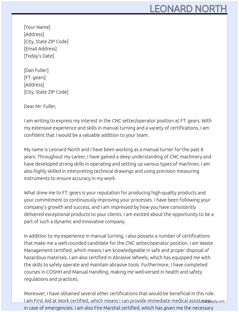 CNC setter/operator  At FT. gears Cover Letter