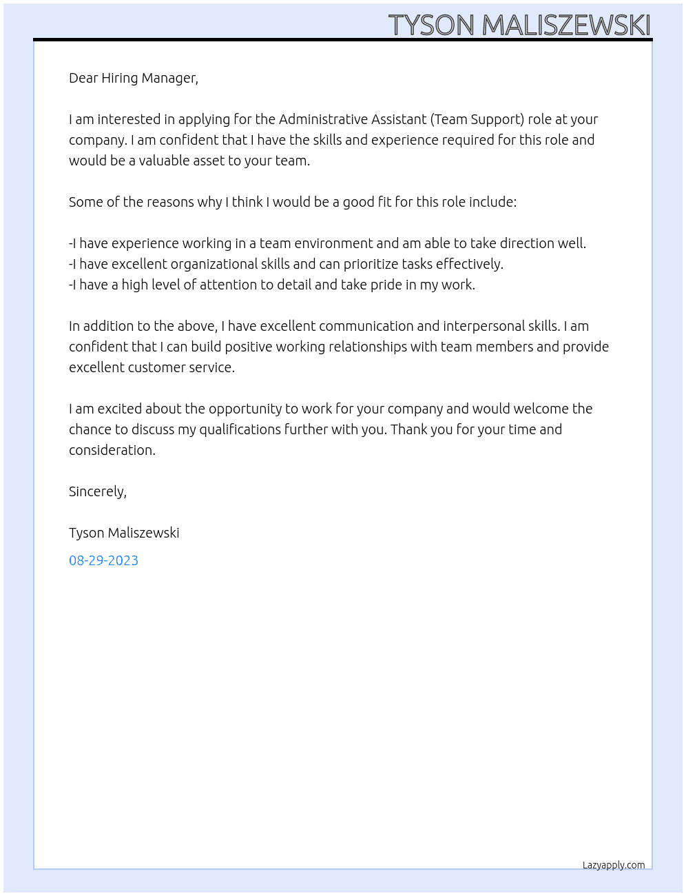 Administrative assistant ( team support) At Administrative assistant  Cover Letter