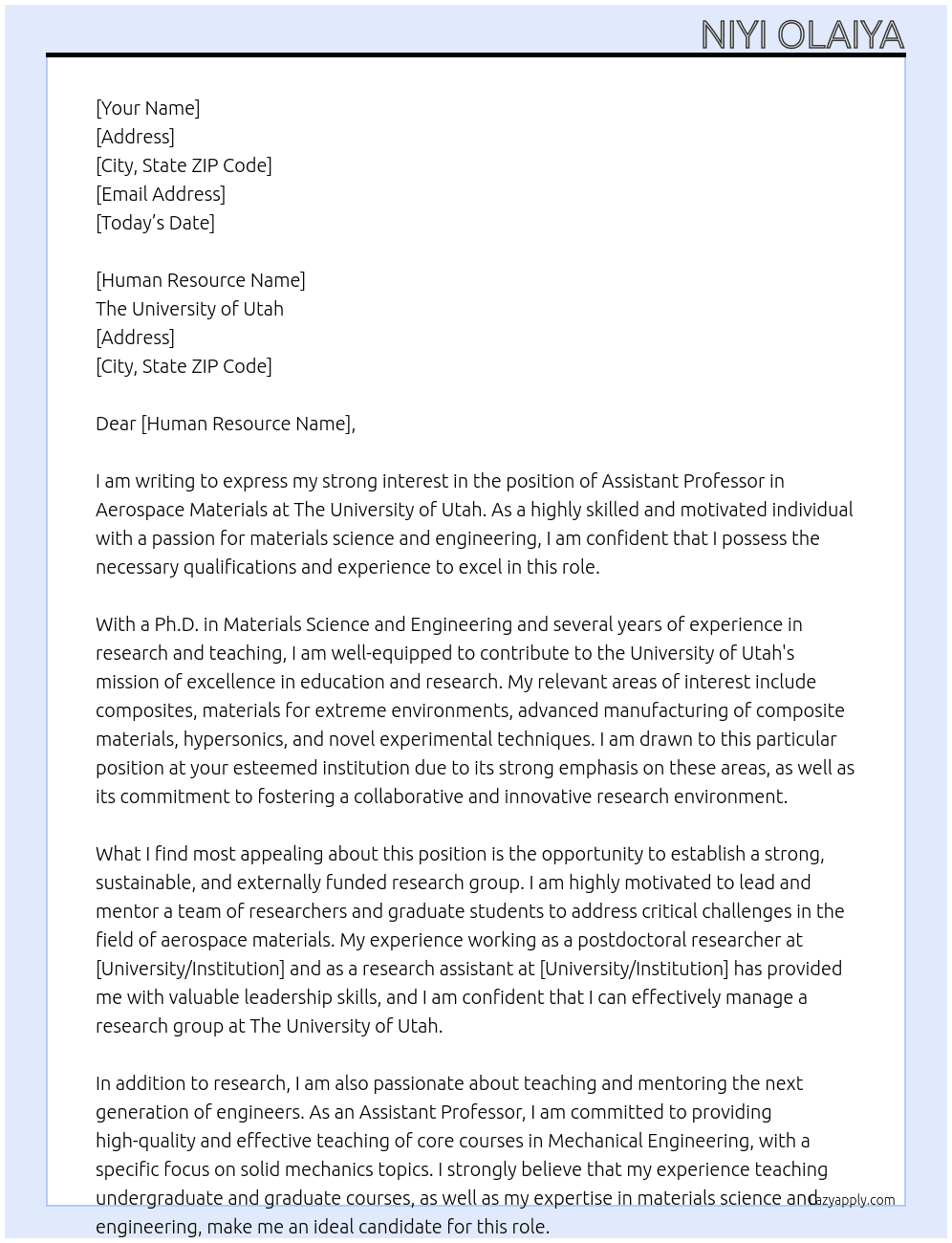 Assistant Professor in  Aerospace Materials At The University of Utah Cover Letter