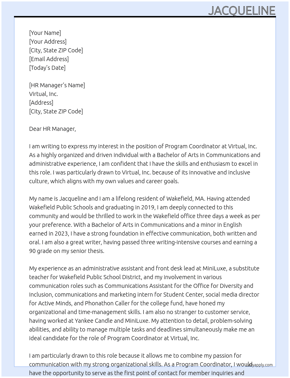 Program Coordinator At Virtual, Inc. Cover Letter
