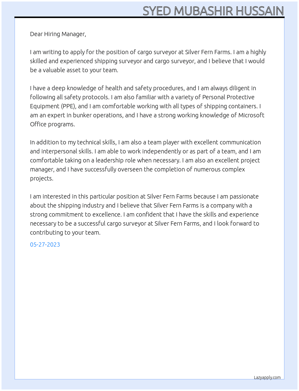 cargo surveyor At SILVER FERN FARMS Cover Letter