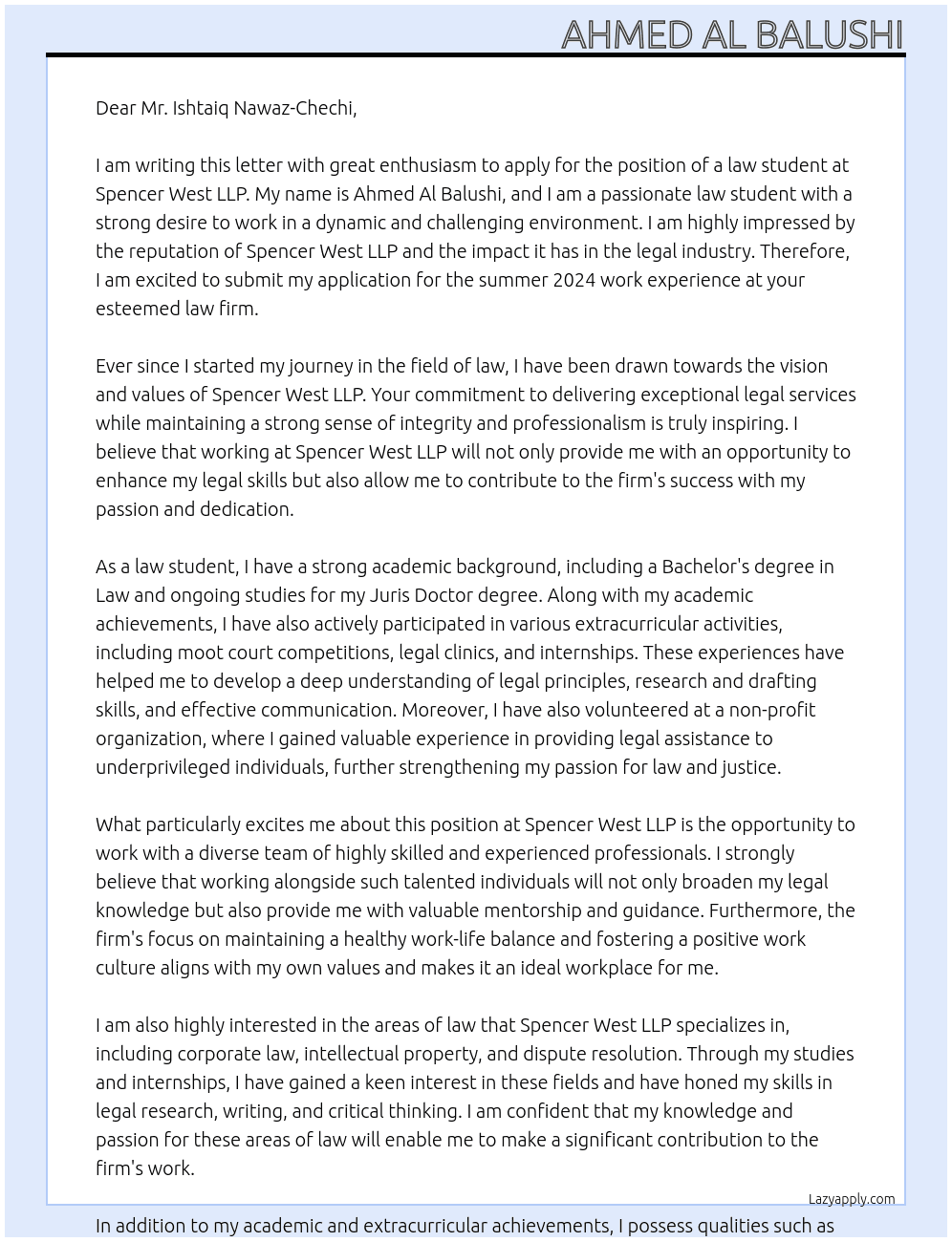 law student  At Spencer West LLP Cover Letter