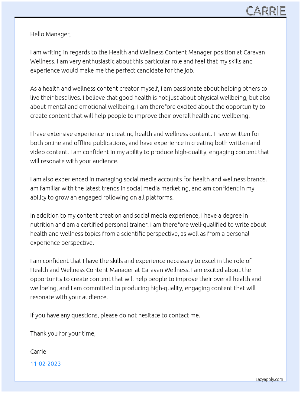 health and wellness content manager At Caravan wellness Cover Letter