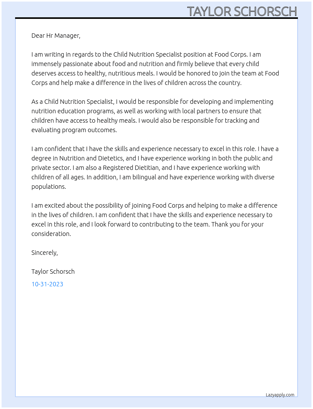 Child Nutrition Specialist At Food Corps Cover Letter