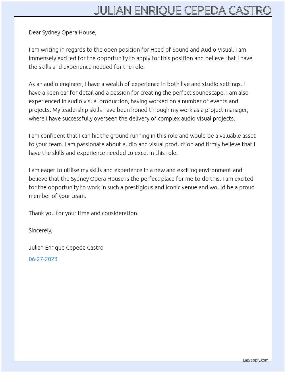 Head of sound and Audio Visual At Sydney Opera House Cover Letter