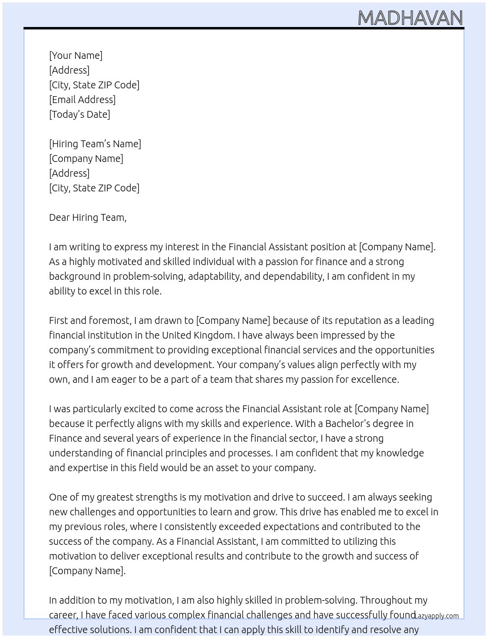 financial assistant At finance Cover Letter