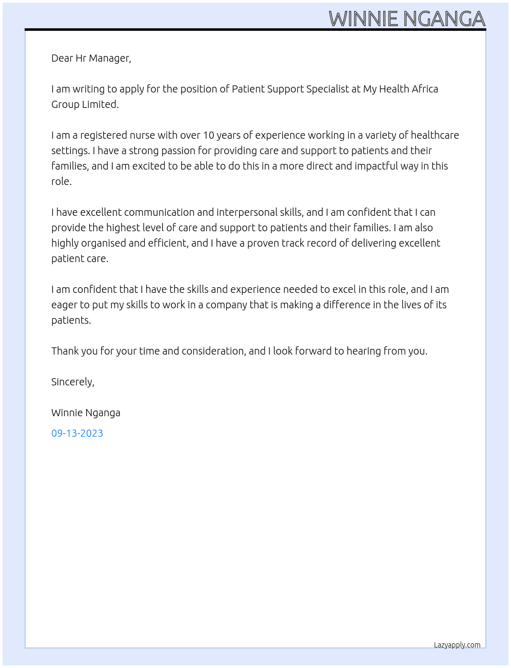 Patient Support Specialist At My Health Africa Group Limited Cover Letter