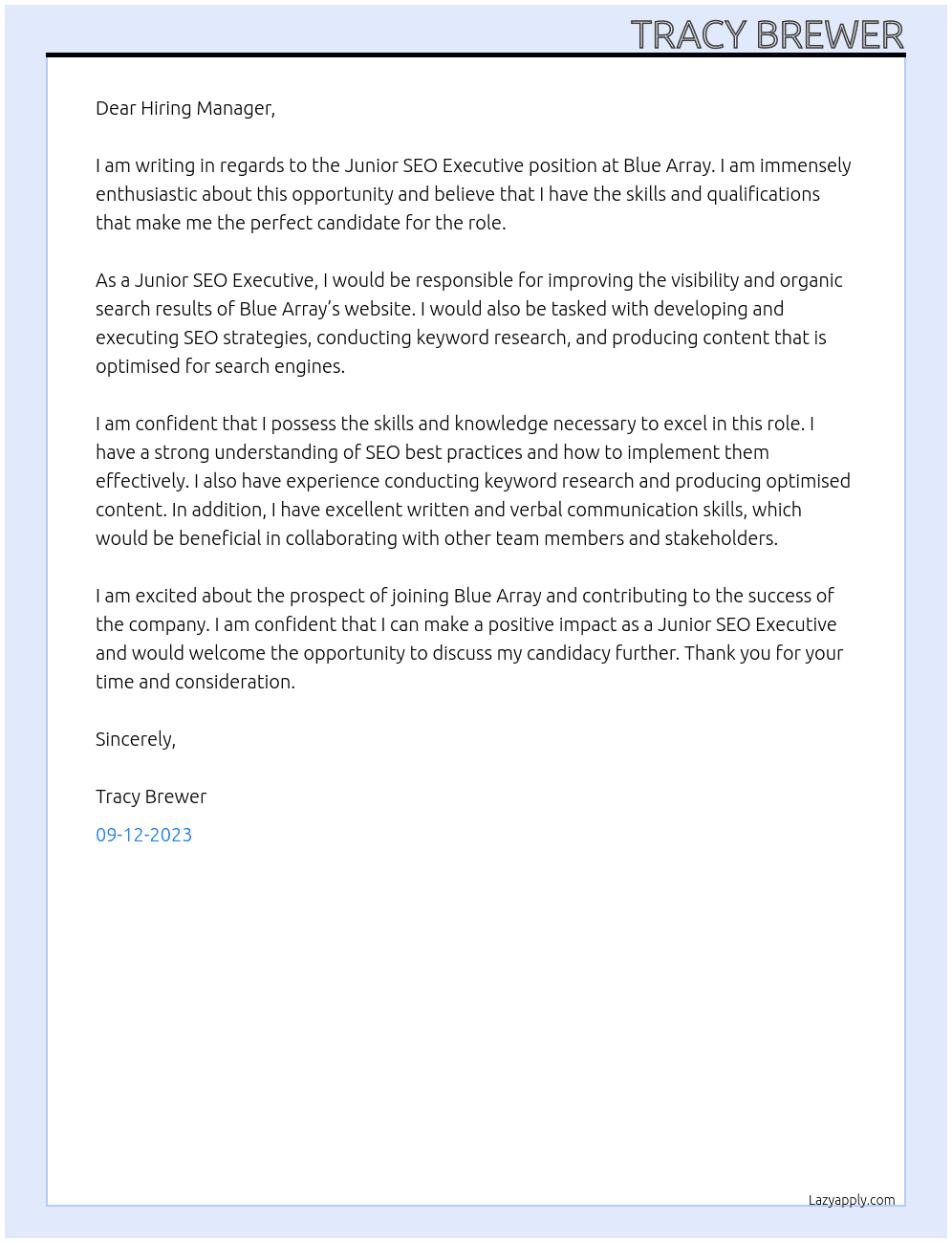 Junior SEO Executive  At Blue Array  Cover Letter