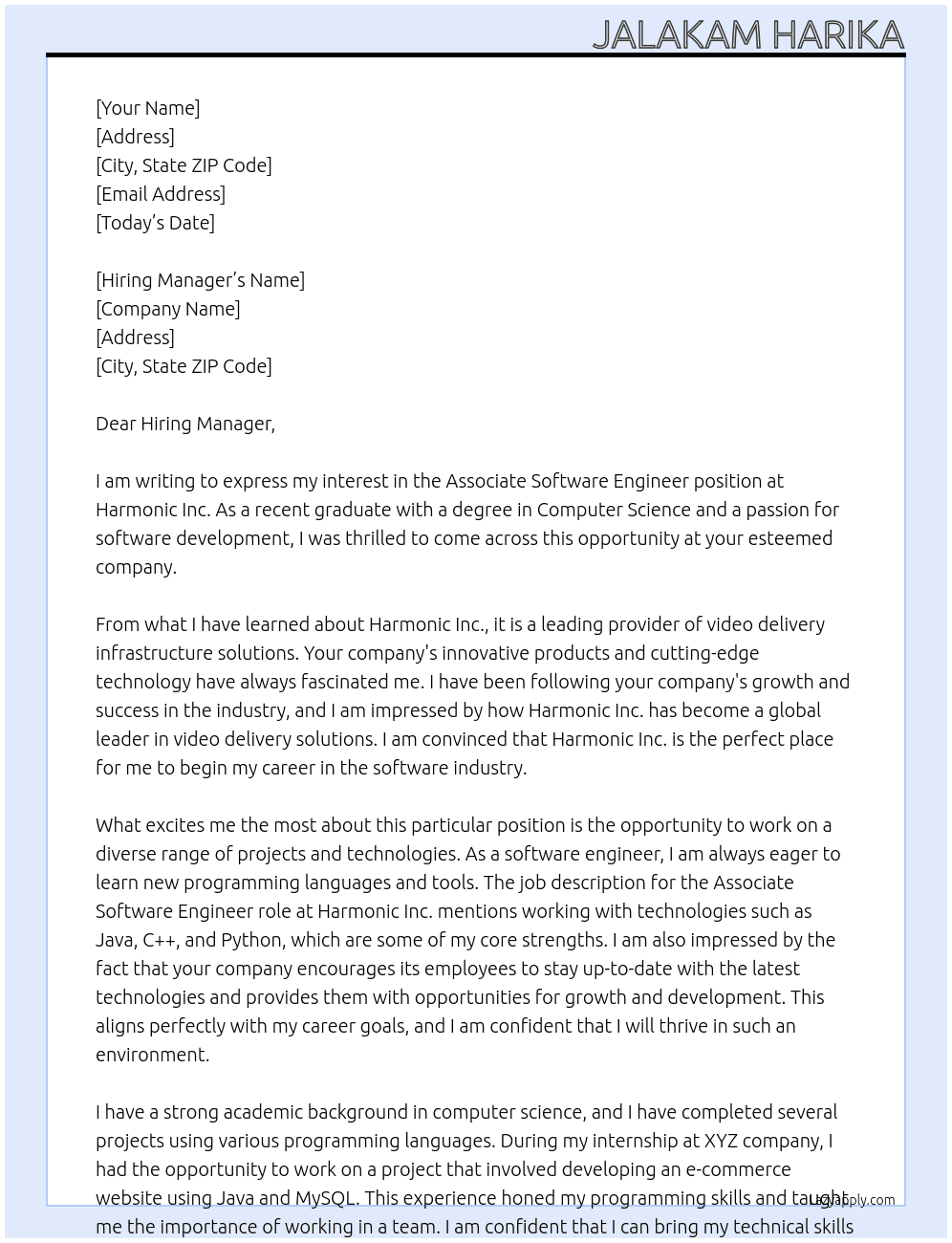 Associate software Engineer  At Harmonic Inc. Cover Letter