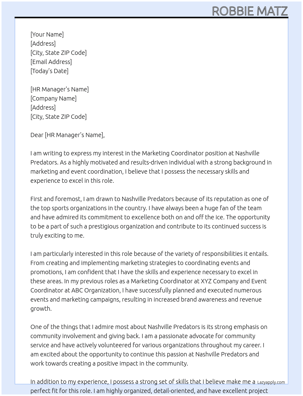 Marketing Coordinator At Nashville Predators Cover Letter