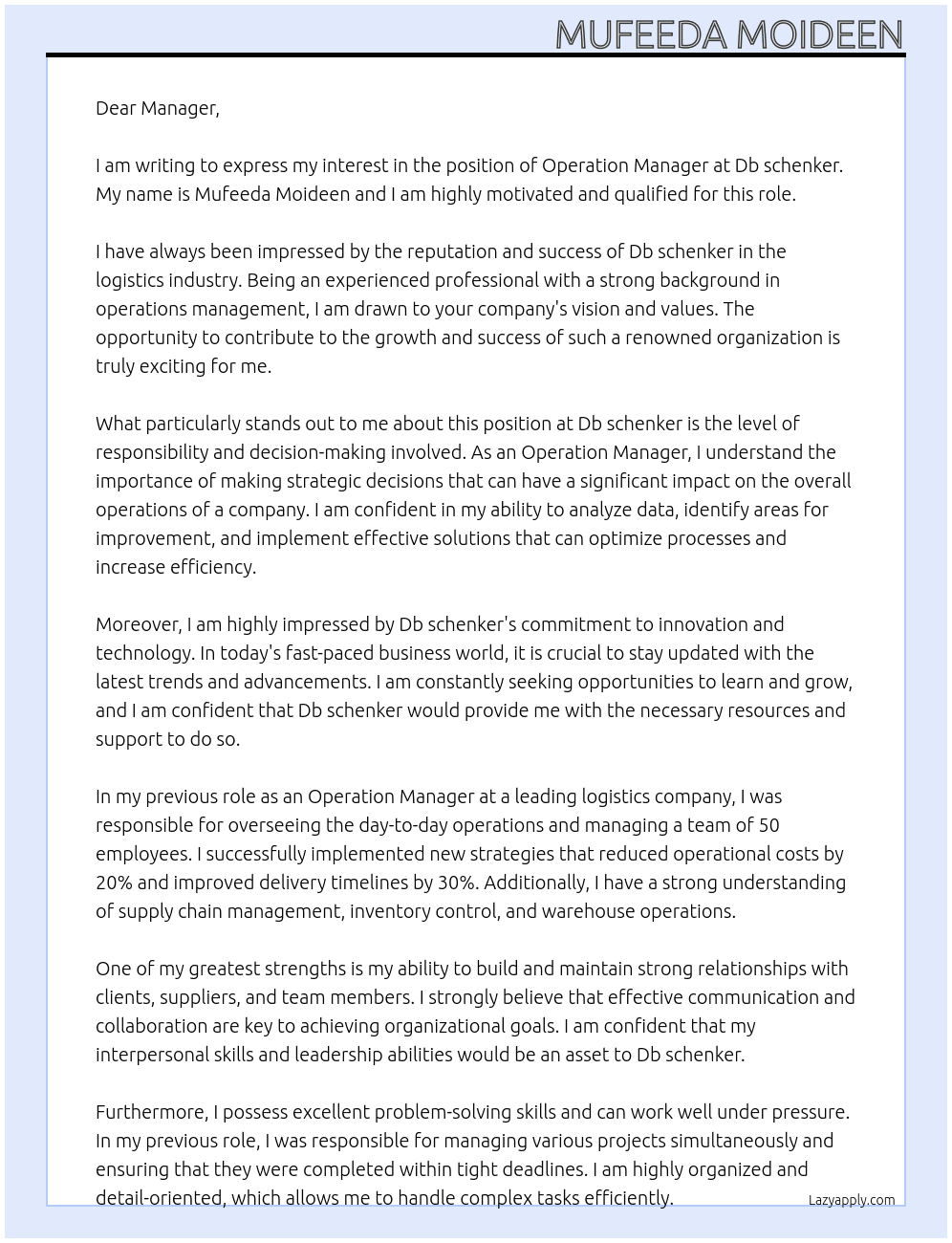 Operation Manager At Db schenke5r Cover Letter