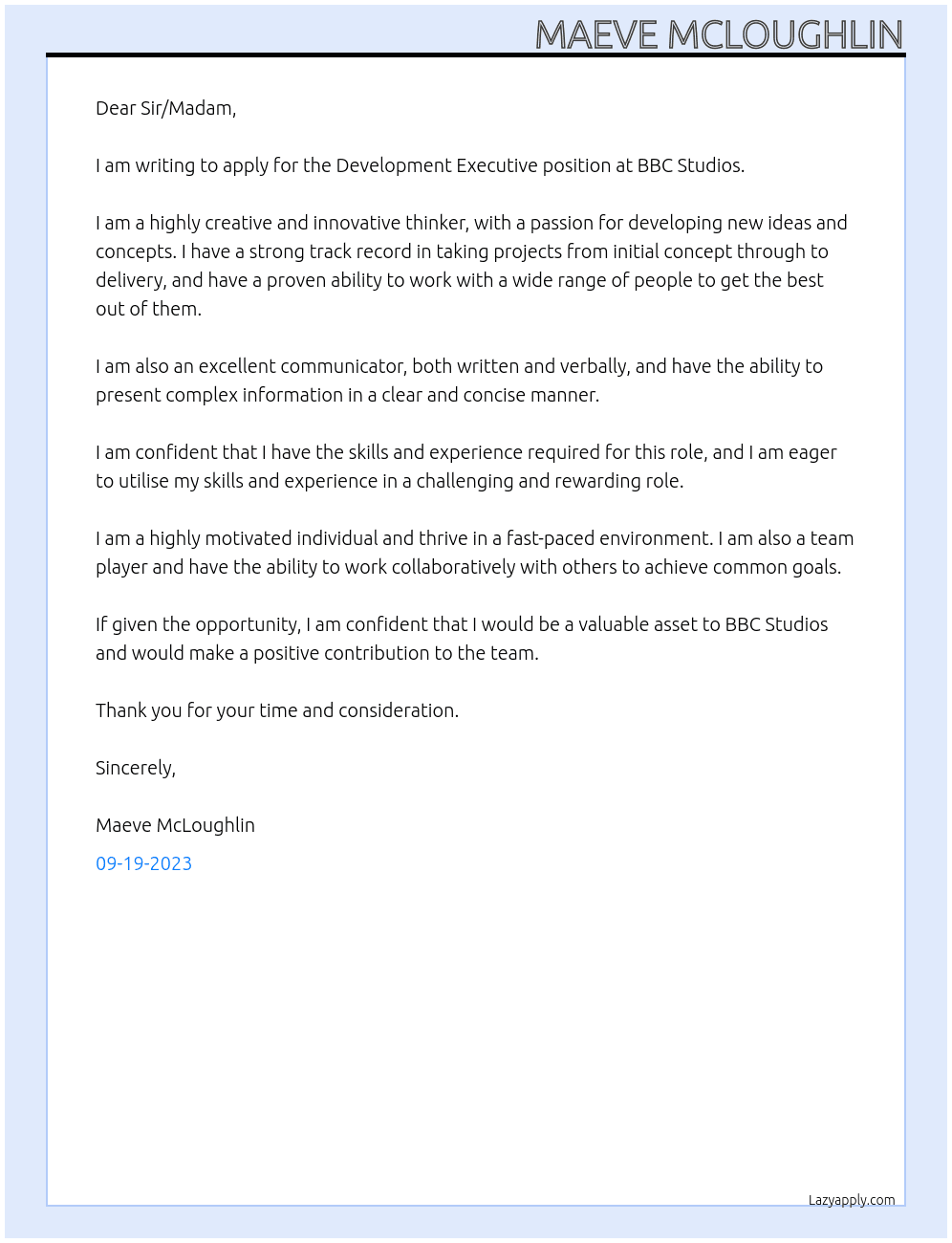 Development Executive At BBC Studios Cover Letter
