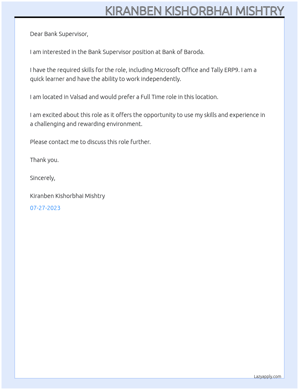 Bank Supervisor At Bank of Baroda Cover Letter