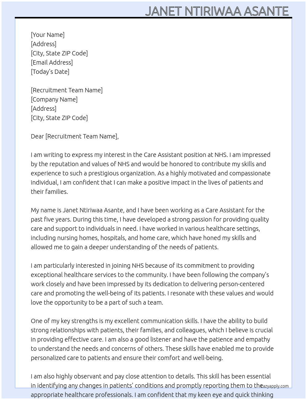 Care Assistant  At NHS Cover Letter