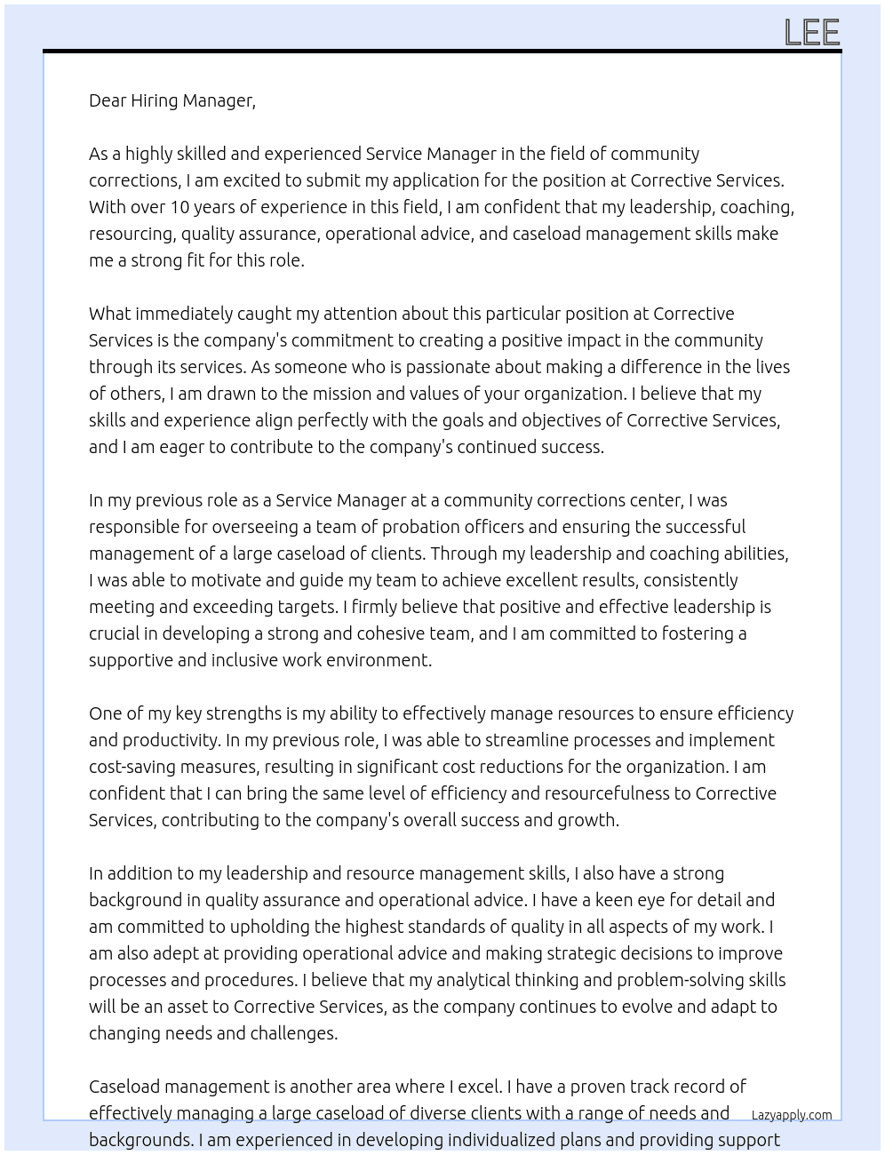 Service Manager community corrections  At Corrective Services  Cover Letter