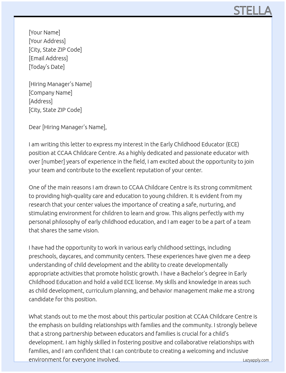 early childhood educator (ECE) At CCAA Childcare Centre Cover Letter