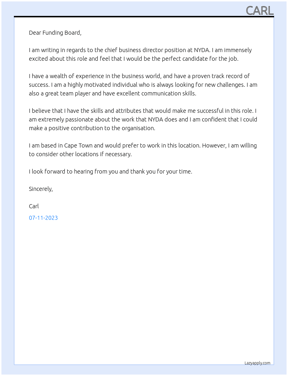 chief business director At NYDA Cover Letter