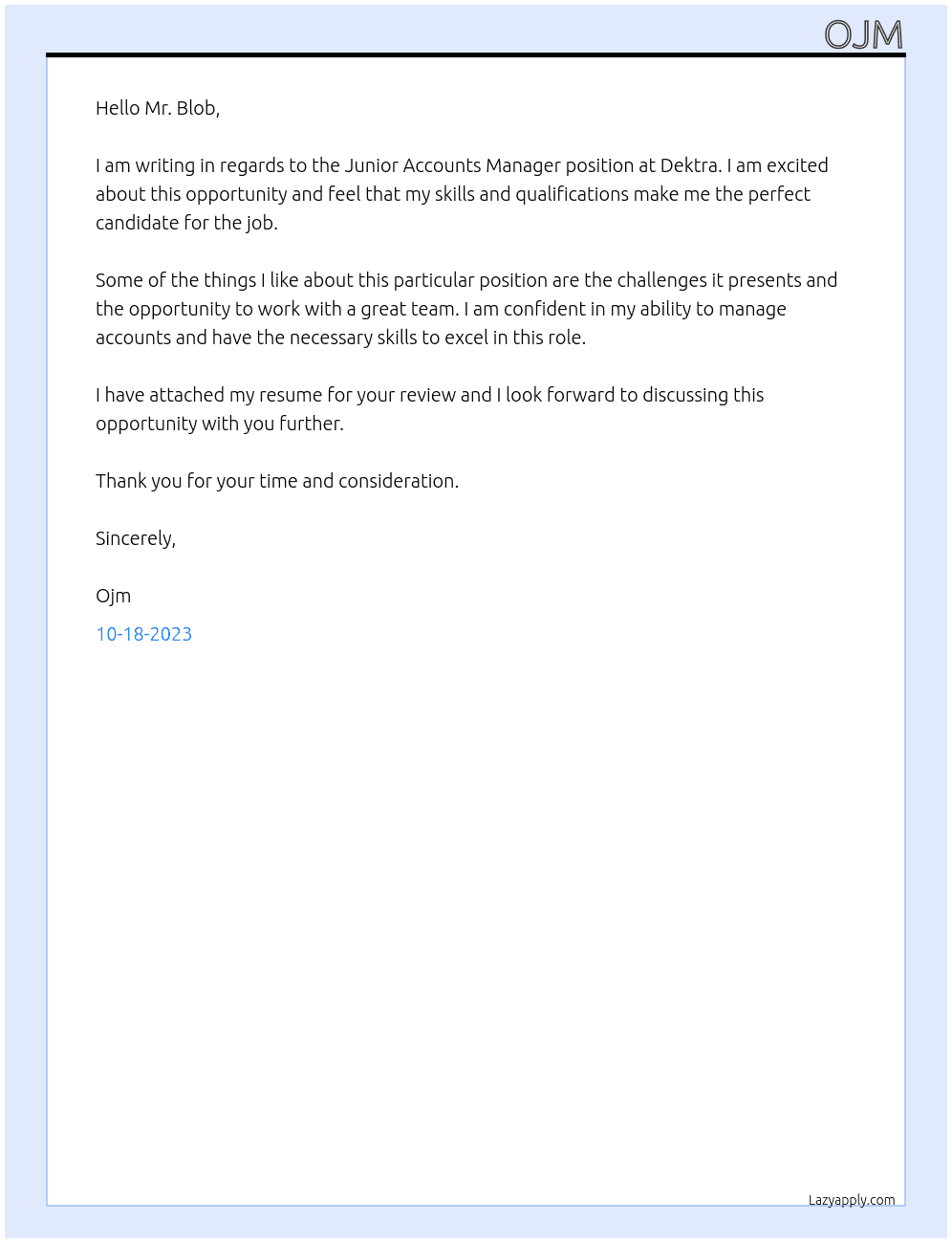 Junior Accounts Manager At Dektra Cover Letter